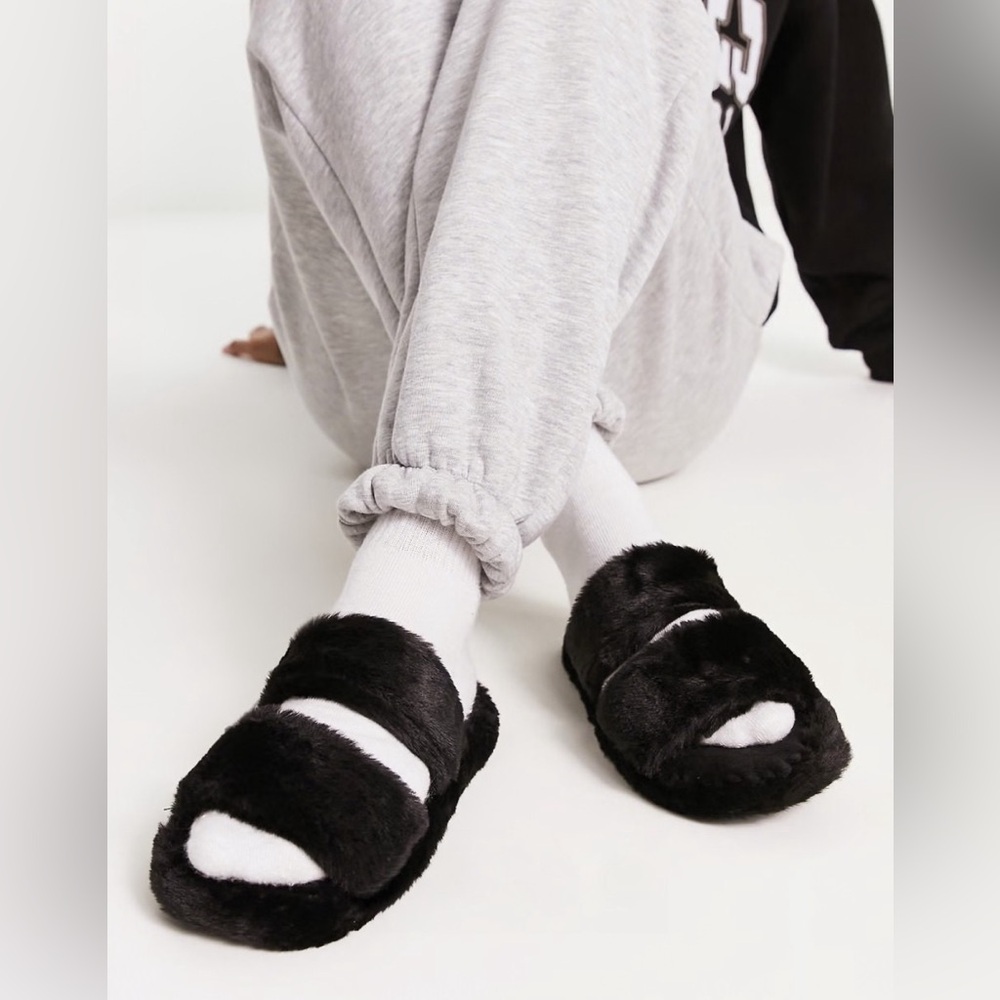 ASOS Zion Double Strap Black Fuzzy Slider Slippers‎